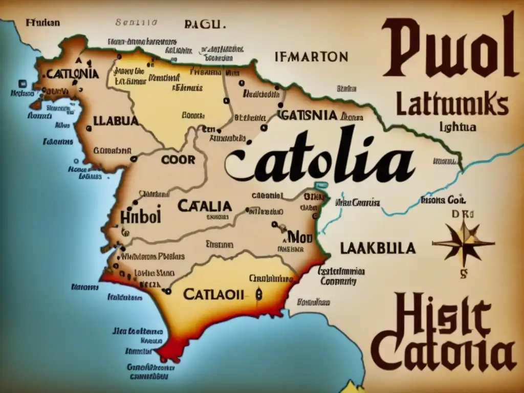 Mapa detallado vintage de Cataluña con lugares históricos clave para el origen del apellido Pujol