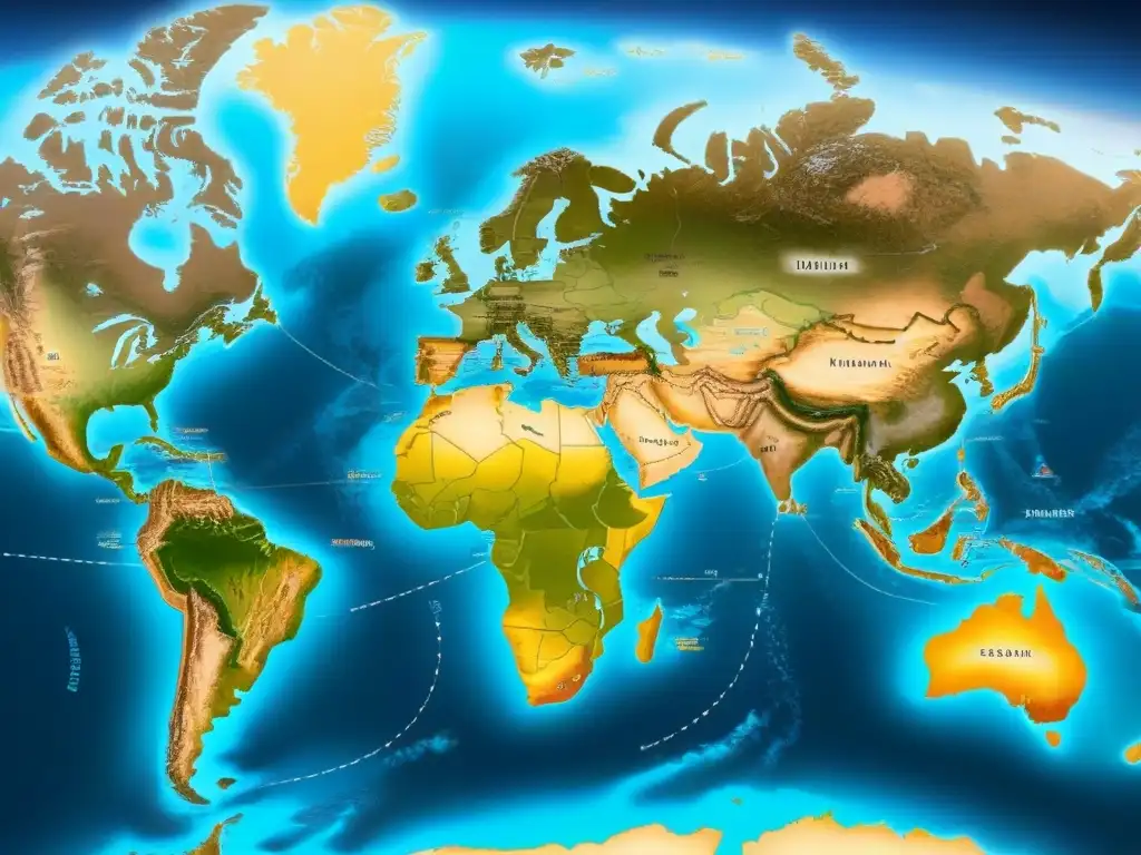 Mapa detallado vintage de migración de apellidos con rutas e ilustraciones de barcos, trenes y huellas