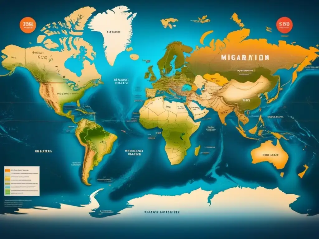 Mapa detallado vintage de migraciones siglo XX