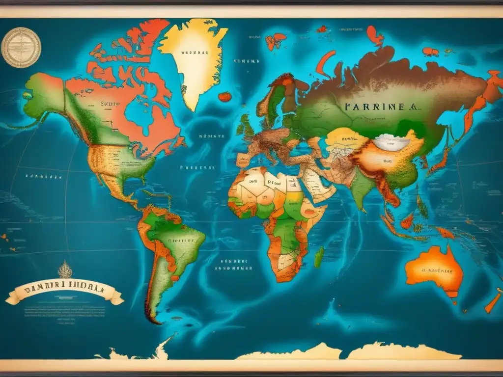 Mapa detallado vintage del mundo con rutas migratorias en tonos sepia, destacando regiones clave para la evolución de apellidos