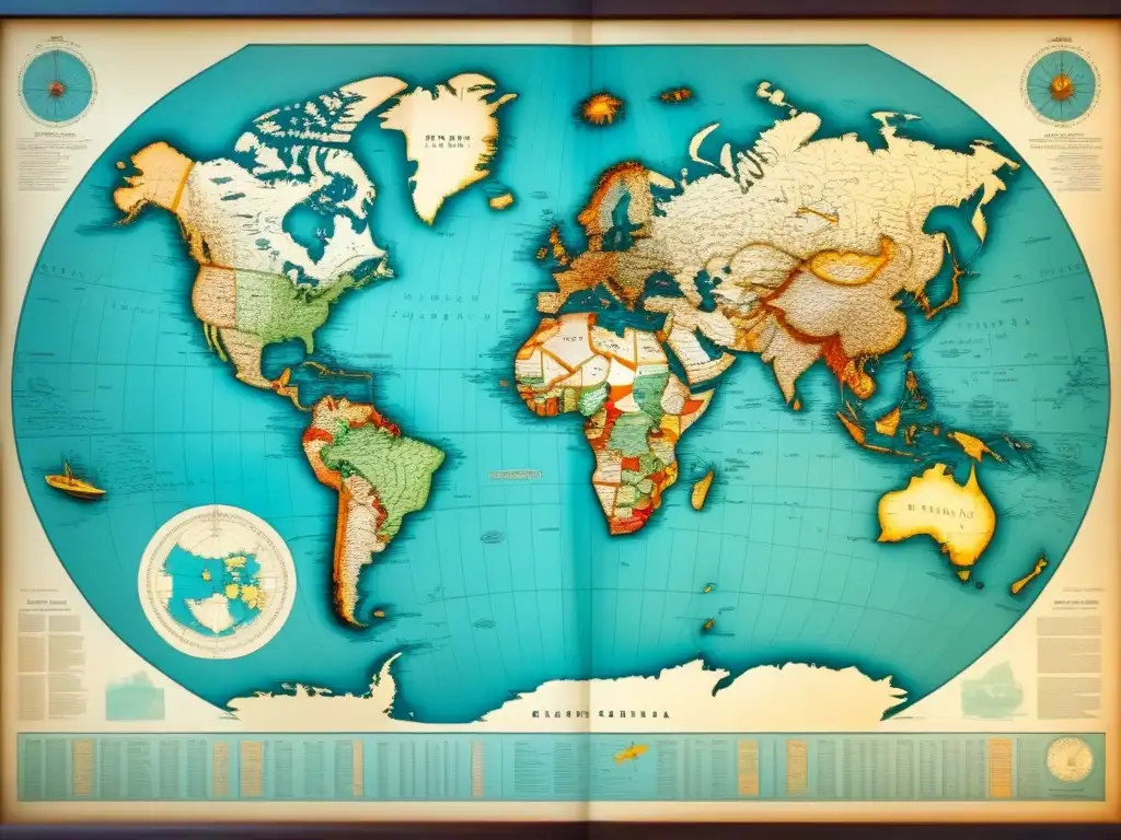 Mapa detallado vintage del mundo del siglo XX con fronteras, colores desgastados, barcos y aviones