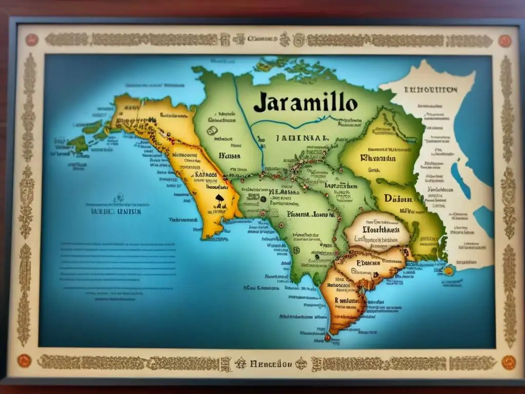 Mapa detallado vintage mostrando el origen y evolución del apellido Jaramillo con ilustraciones de antiguos escudos familiares