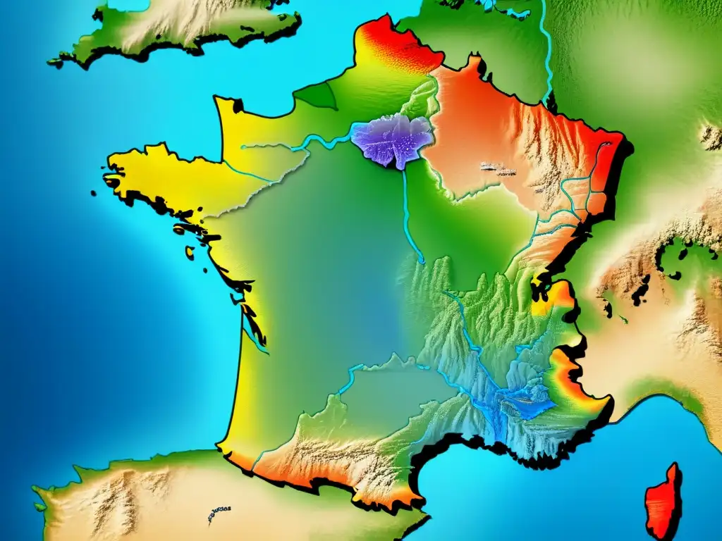 Un mapa detallado vintage de Francia mostrando las regiones de origen del apellido Leroux, con ilustraciones históricas y acentos coloridos resaltando el legado del nombre de familia Leroux