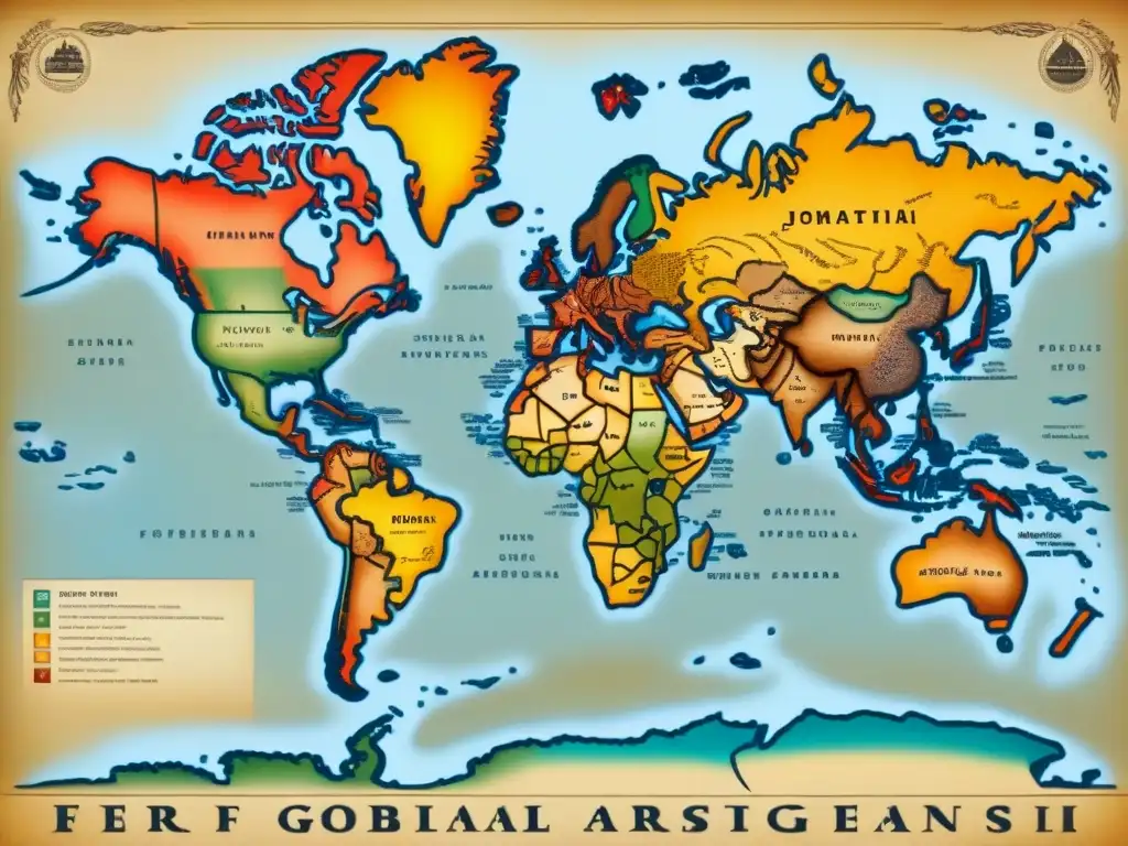 Mapa detallado vintage de rutas migratorias globales de poblaciones ancestrales, evocando historia apellidos migraciones genealogía mundial