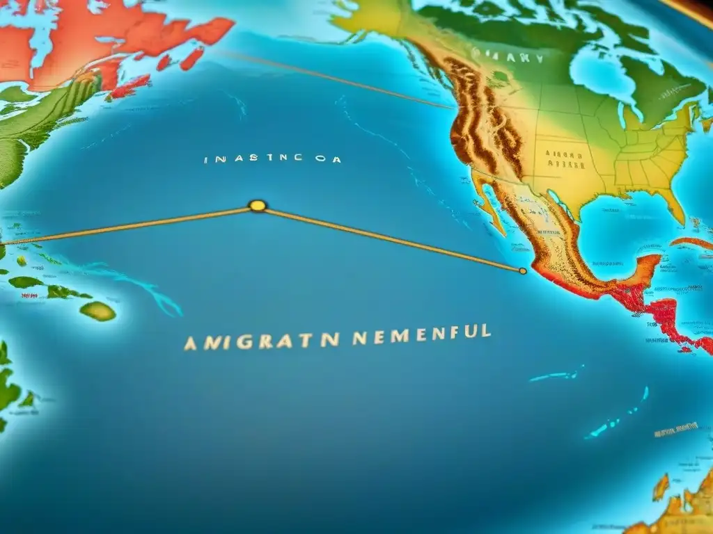 Mapa detallado vintage mostrando rutas migratorias de colonos con apellidos raros en las Américas, evocando descubrimiento histórico y exploración genealógica