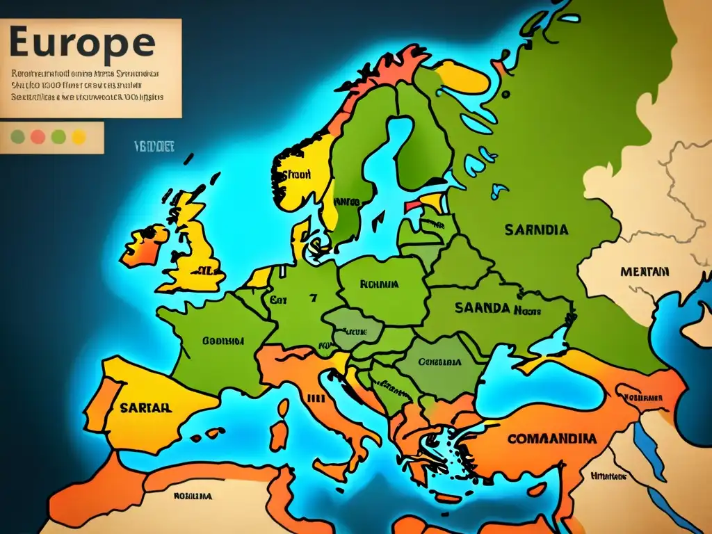 Mapa detallado vintage de Europa con rutas migratorias de apellidos escandinavos, historia apellidos escandinavos emigración Europa