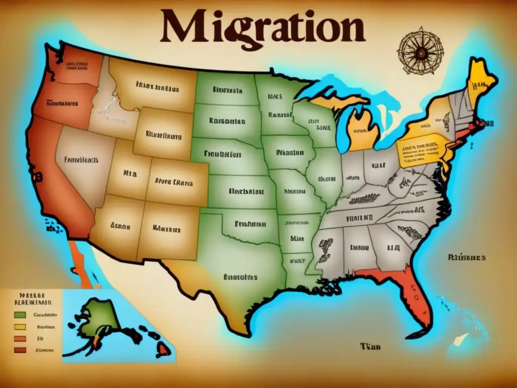 Mapa detallado vintage de América con rutas migratorias y árboles genealógicos mostrando la evolución de apellidos