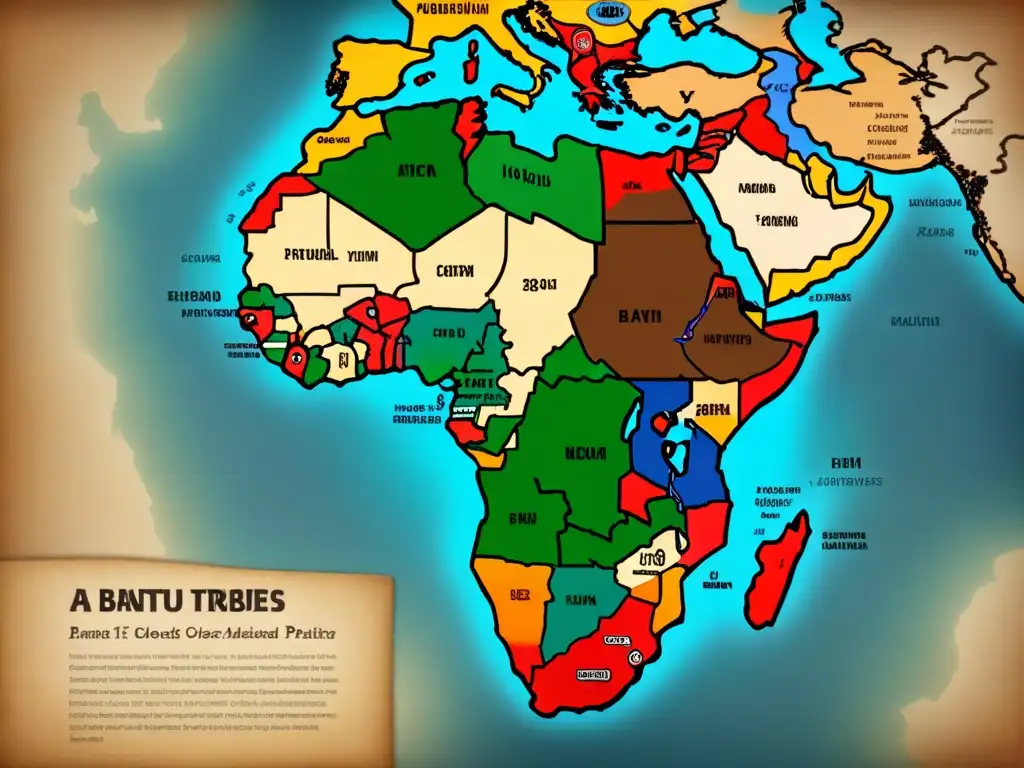 Mapa detallado vintage de África con rutas migratorias de tribus Bantúes y símbolos tradicionales