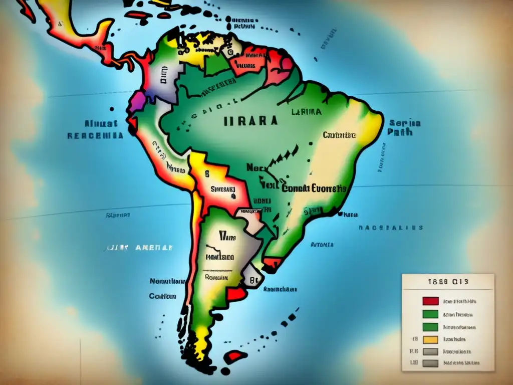 Un mapa detallado vintage de Latinoamérica resaltando rutas de migración, con marcas de tinta descolorida