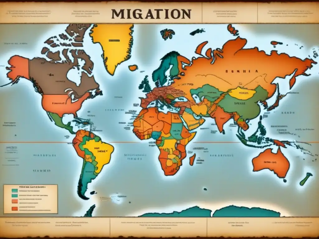 Mapa detallado vintage con rutas migratorias, líneas punteadas e tipografía antigua, en tonos sepia