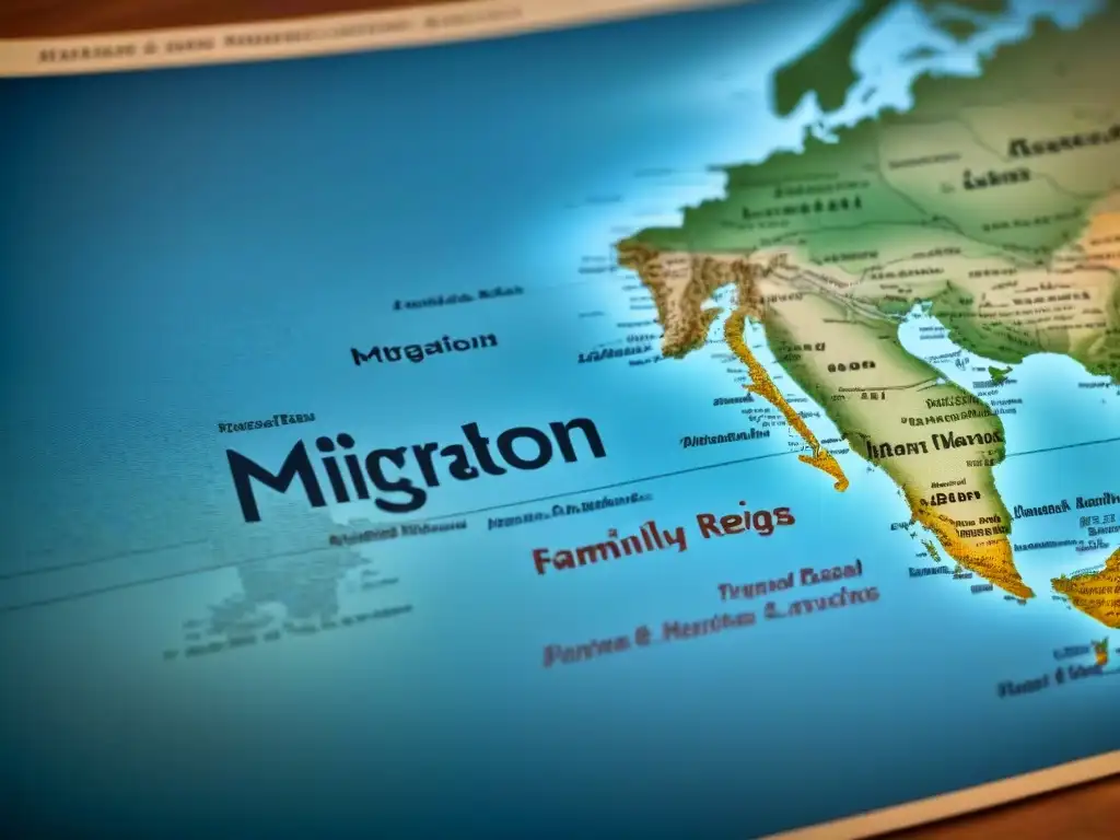 Mapa detallado vintage con rutas migratorias y apellidos familiares en distintos idiomas, representando la historia de apellidos y genealogía