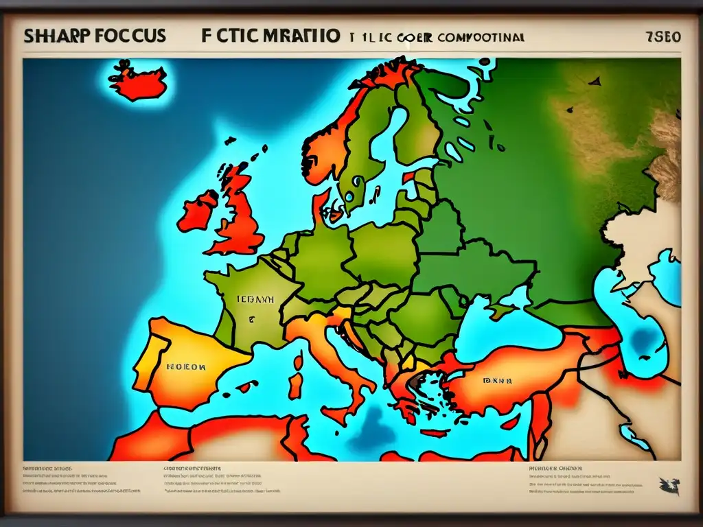 Mapa detallado vintage de rutas migratorias de tribus celtas y vikingas en Europa, con ilustraciones de barcos, pueblos y símbolos culturales