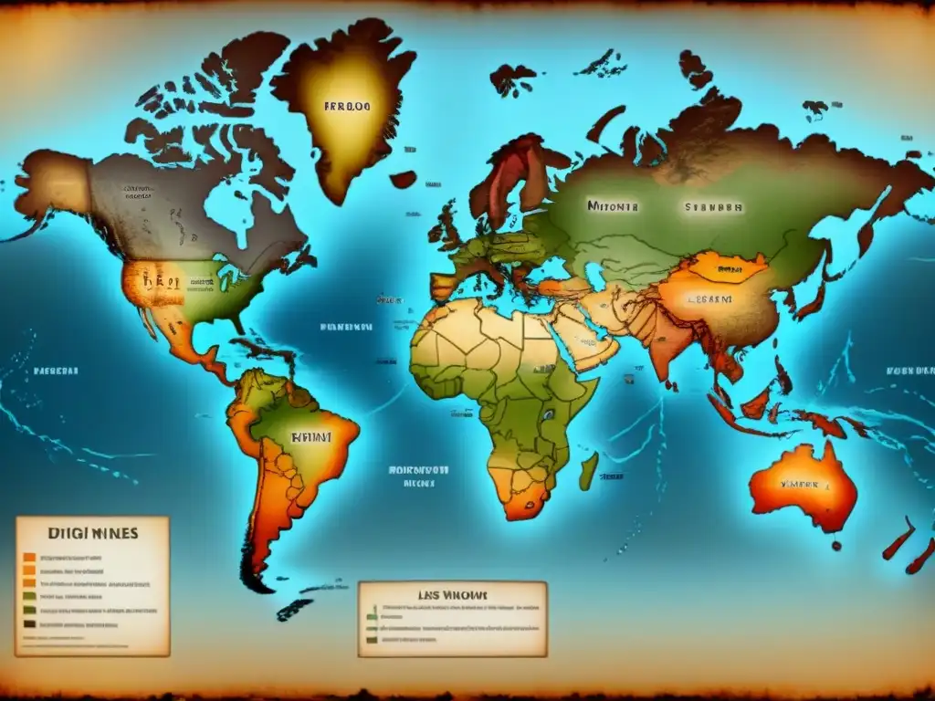 Mapa detallado vintage de rutas migratorias y patrones de apellidos, con líneas intrincadas y colores desgastados, historia apellidos migración genealogía global