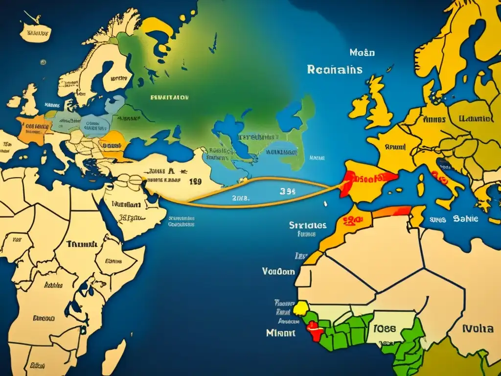 Mapa detallado vintage de rutas migratorias con símbolos culturales, ciudades en caligrafía antigua y rosas de los vientos