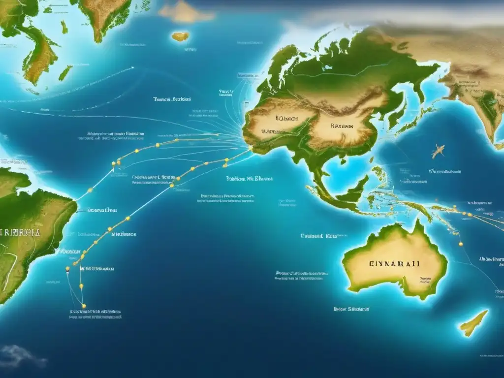 Un mapa detallado vintage con rutas migratorias ancestrales ADN entrelazadas, mostrando la historia genética y migratoria