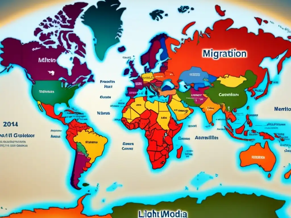 Mapa detallado vintage de rutas migratorias de apellidos a lo largo de la historia, con ilustraciones de barcos, caravanas y huellas, simbolizando el movimiento global de familias y sus nombres a través de continentes y siglos