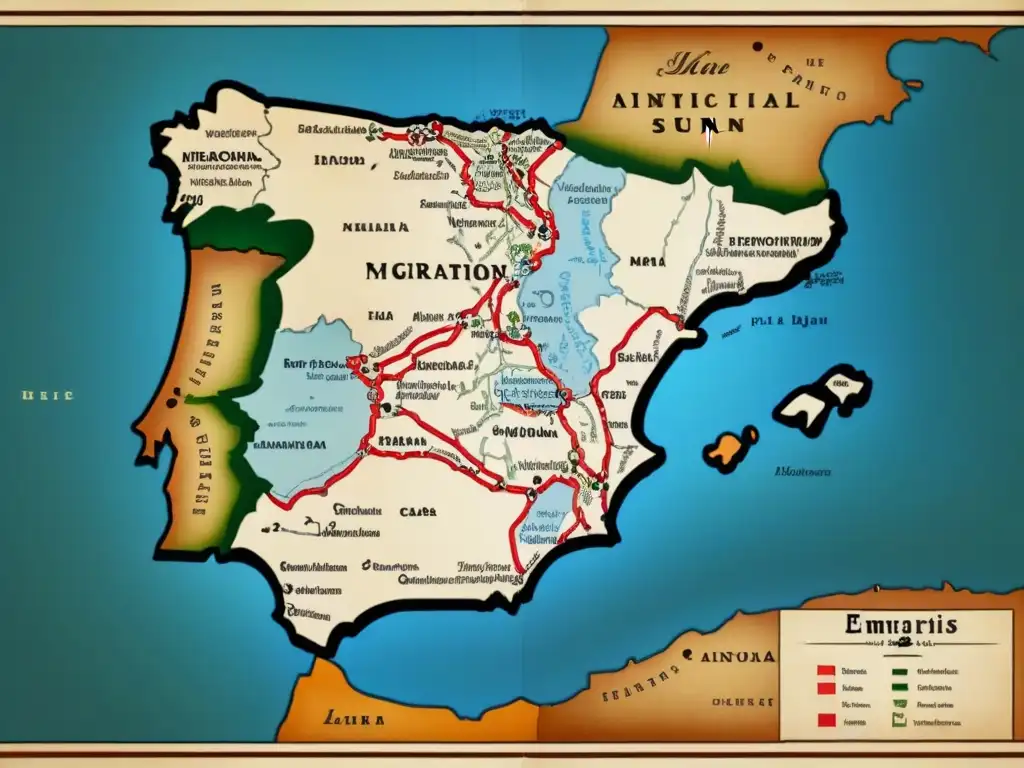 Mapa detallado vintage de España con rutas de emigración y destinos de emigrantes españoles en el siglo XIX y XX