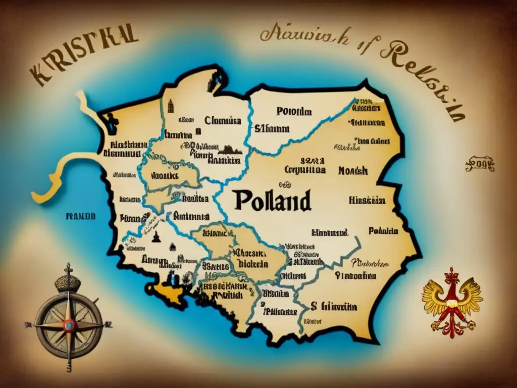 Mapa detallado vintage de Polonia del siglo XIX, con elementos cartográficos ornamentados y tonos sepia que evocan nostalgia