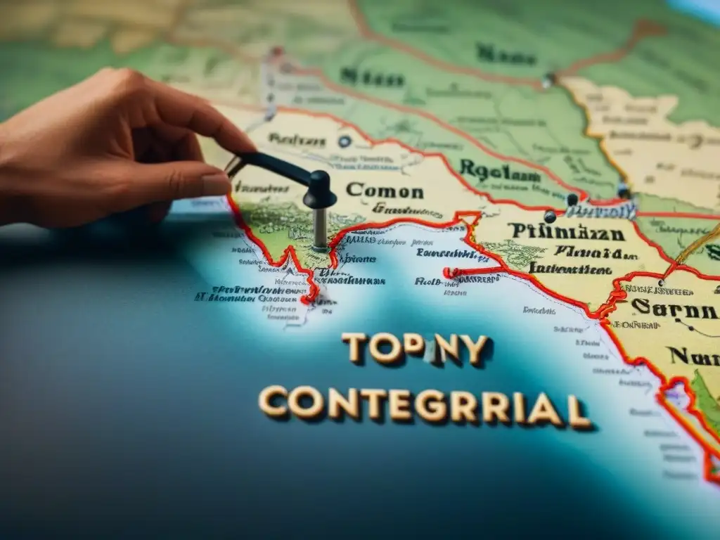 Mapa detallado vintage de una región con toponimia y apellidos en caligrafía antigua, resaltando conexiones geográficas