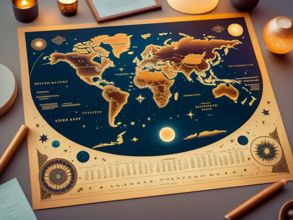 Un mapa estelar detallado en estilo vintage, con constelaciones intrincadas y una paleta cálida, adornado con caligrafía elegante