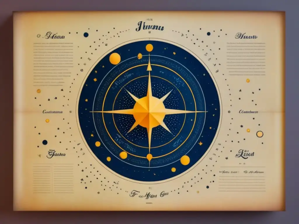 Mapa estelar linaje familia: Detallado mapa vintage de constelaciones y cuerpos celestes en pergamino envejecido, con caligrafía elegante