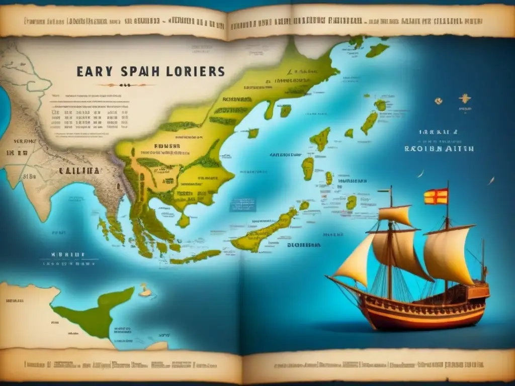 Mapa sepia detallando la historia del apellido Larrondo con rutas, barcos e indígenas