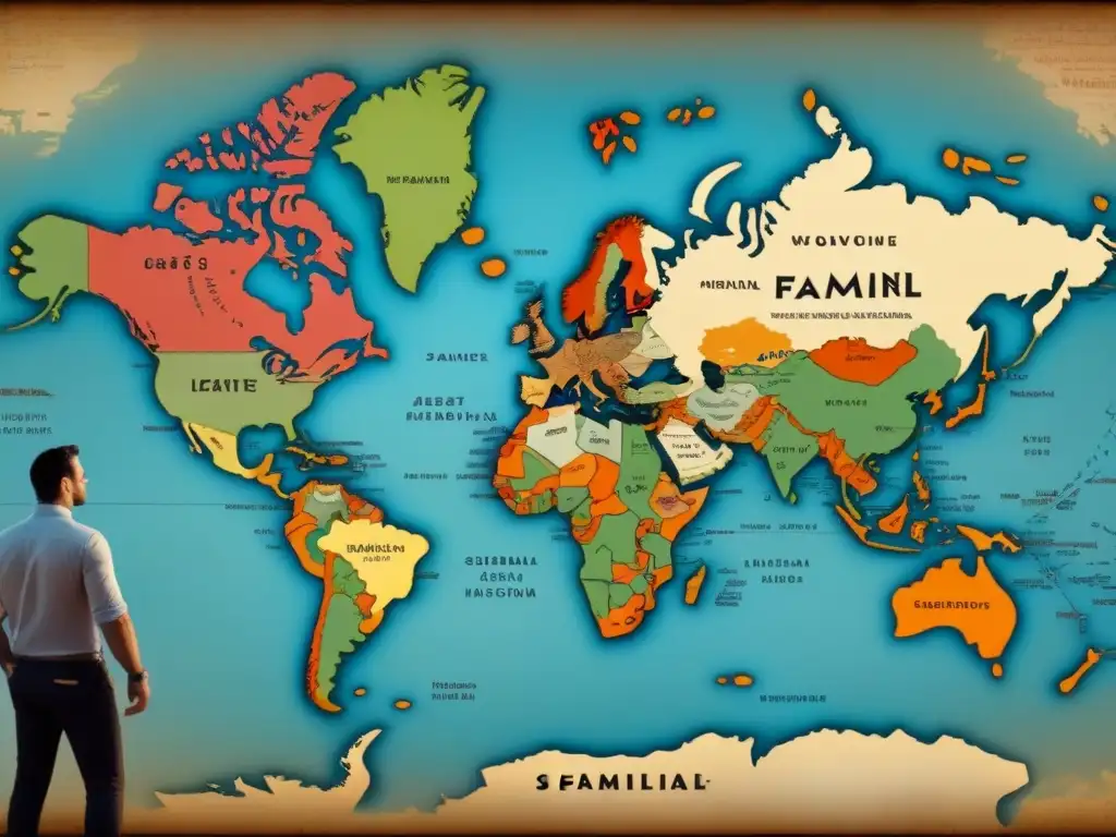 Un mapa histórico detallado de la evolución de apellidos familiares, mostrando patrones de migración y cultural