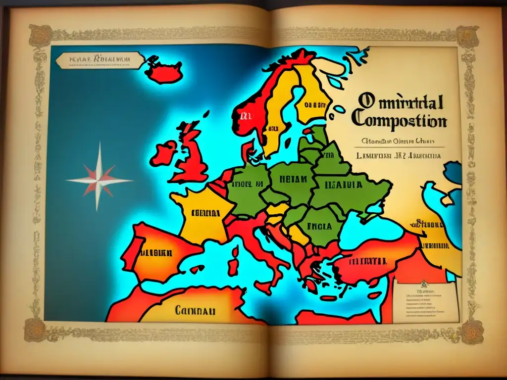 Mapa medieval detallado de Europa con castillos y ciudades, escudo familiar 'O' en caligrafía, evocando historia de apellidos en Europa