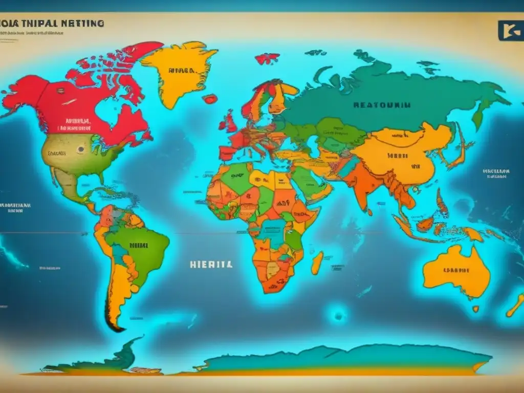 Mapa del mundo vintage con símbolos culturales, ADN colorido uniendo continentes