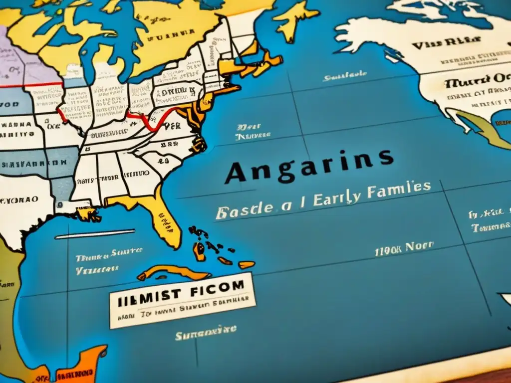 Mapa vintage de las Américas con migraciones y apellidos desaparecidos