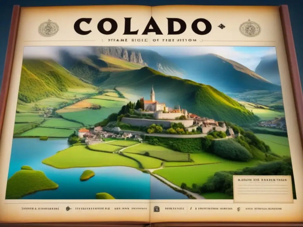 Mapa vintage mostrando la evolución del apellido 'Collado' a lo largo de la historia, con ilustraciones de paisajes y pueblos medievales