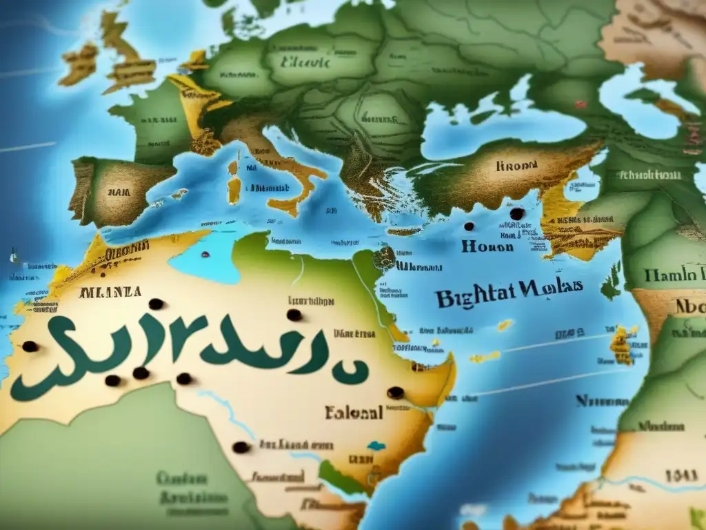 Mapa vintage detallando la evolución de apellidos árabes en tierras ancestrales