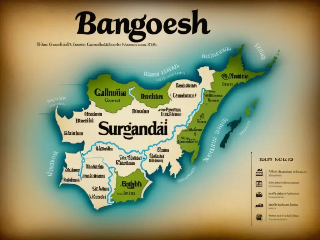 Mapa vintage detallando la evolución de apellidos en Bangladés con caligrafía histórica