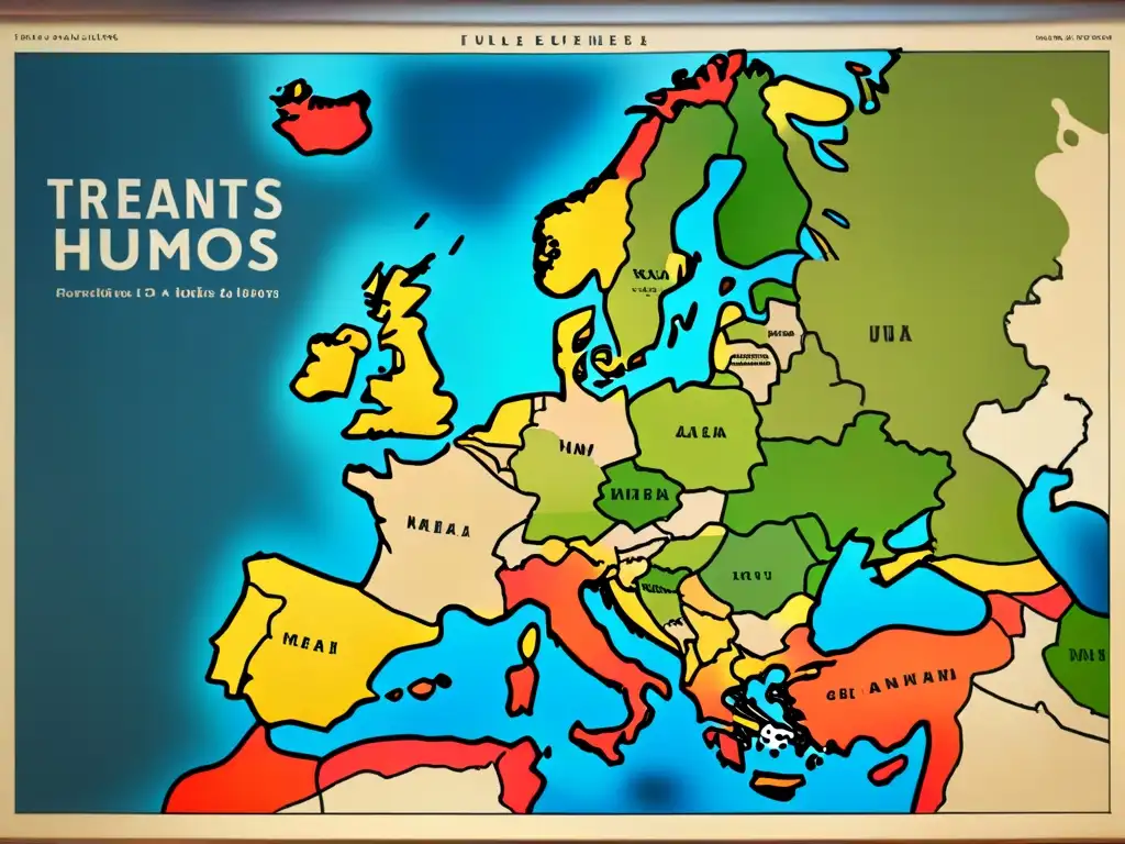 Mapa vintage de Europa con distribución de apellidos por guerras, ilustrando migraciones y batallas históricas