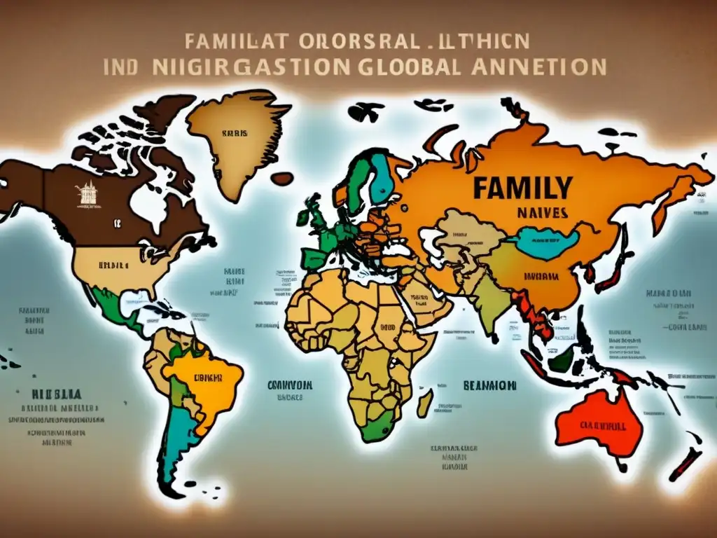 Mapa vintage detallando la evolución global de apellidos en historia genealogía