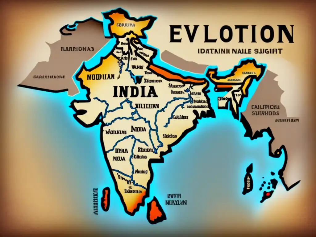 Mapa vintage detallando la evolución de apellidos indios a lo largo de la historia, mostrando influencias culturales