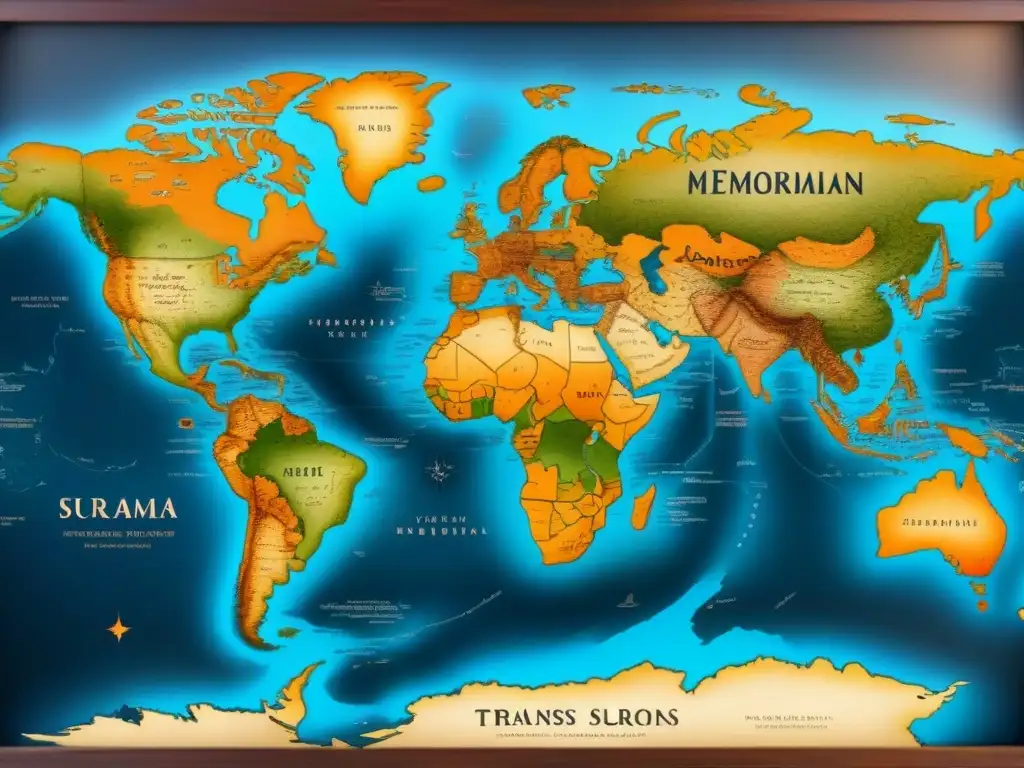 Mapa vintage detallando la evolución de apellidos con M, ornado con rosas de los vientos y caligrafía histórica