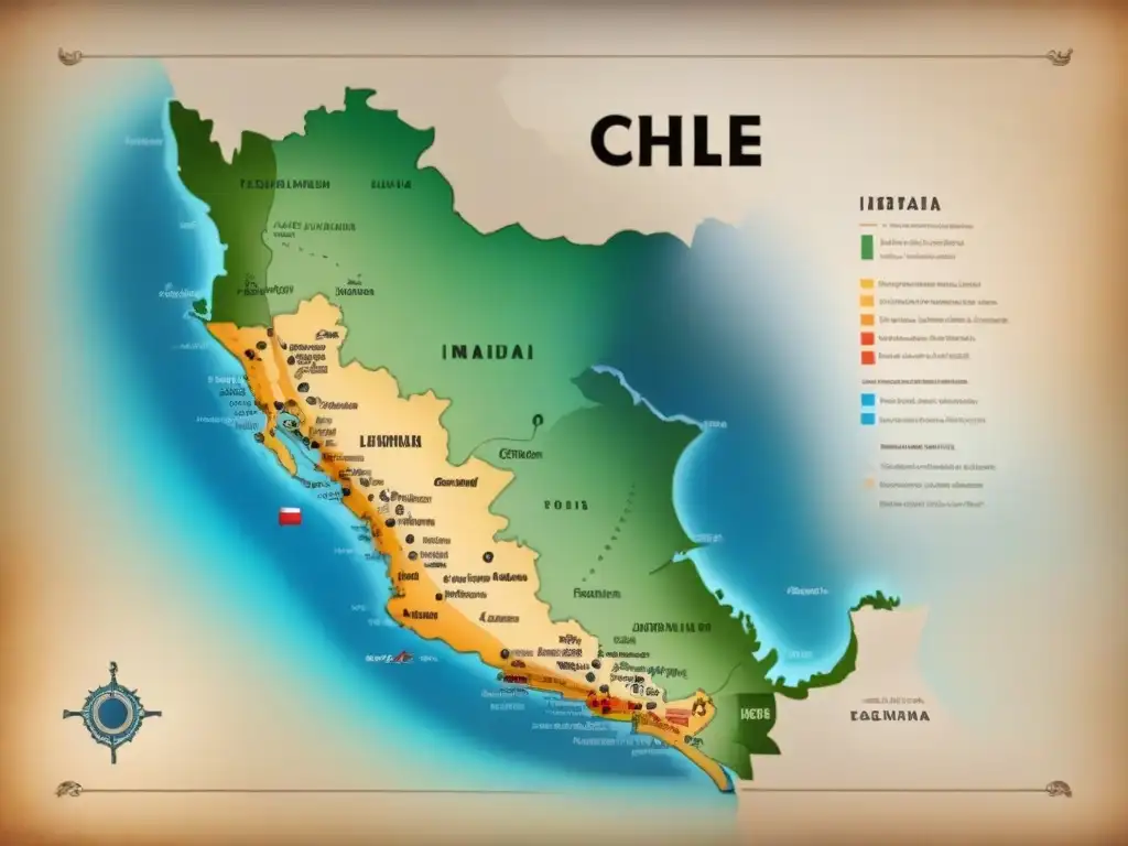 Un mapa vintage de Chile con apellidos Mapuche en caligrafía, símbolos indígenas y colores desgastados evocando historia