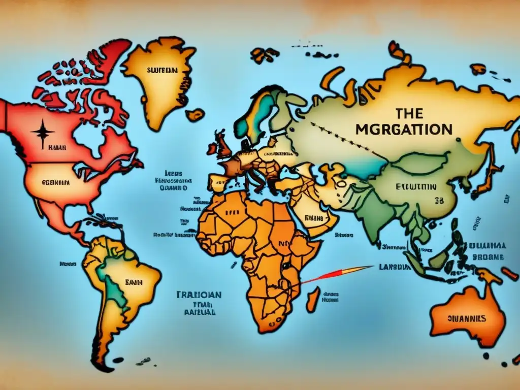 Mapa vintage detallando la evolución de apellidos por migración, con líneas y flechas que trazan movimientos de poblaciones