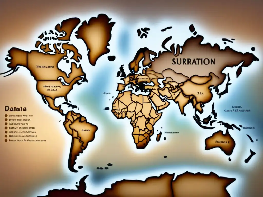 Mapa vintage detallando la Evolución de apellidos por migración, con tonos sepia y rutas de migración destacadas