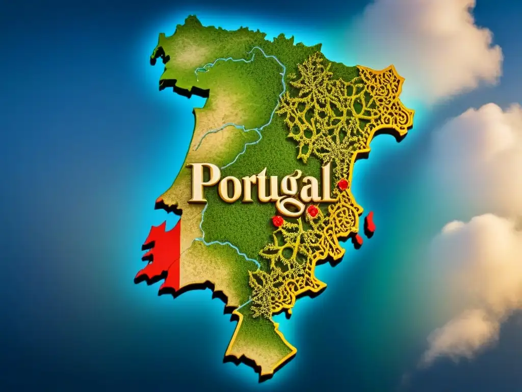 Mapa vintage de Portugal con evolución de apellidos portugueses en detallada caligrafía y filigranas doradas