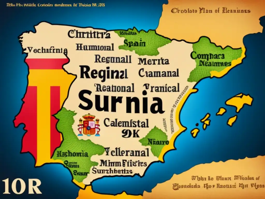 Mapa vintage de España con evolución de apellidos regionales, ilustraciones de escudos familiares y figuras históricas