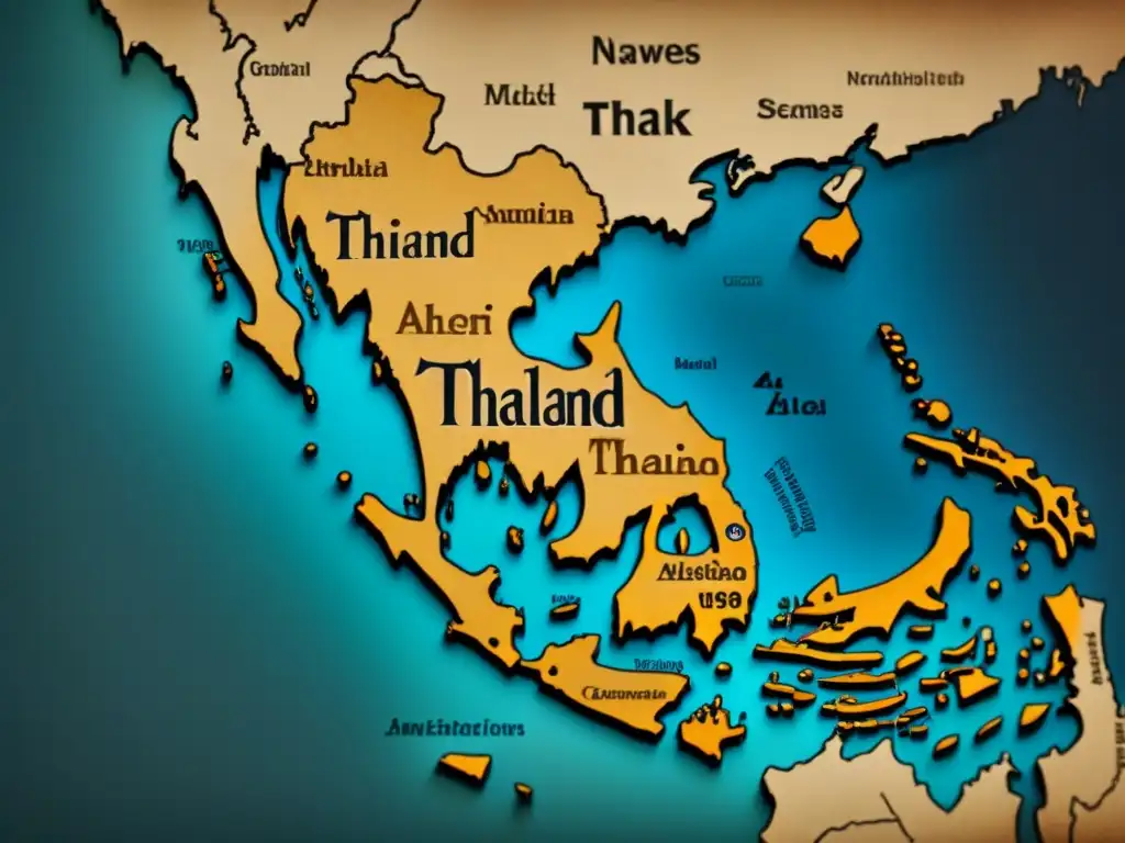 Mapa vintage de Tailandia con evolución de apellidos tailandeses, realeza y símbolos budistas entrelazados en diseño