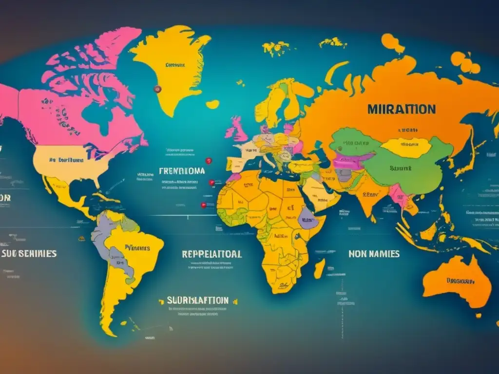 Un mapa vintage detallando la evolución de apellidos a través del tiempo, con ilustraciones de familias migrando por continentes