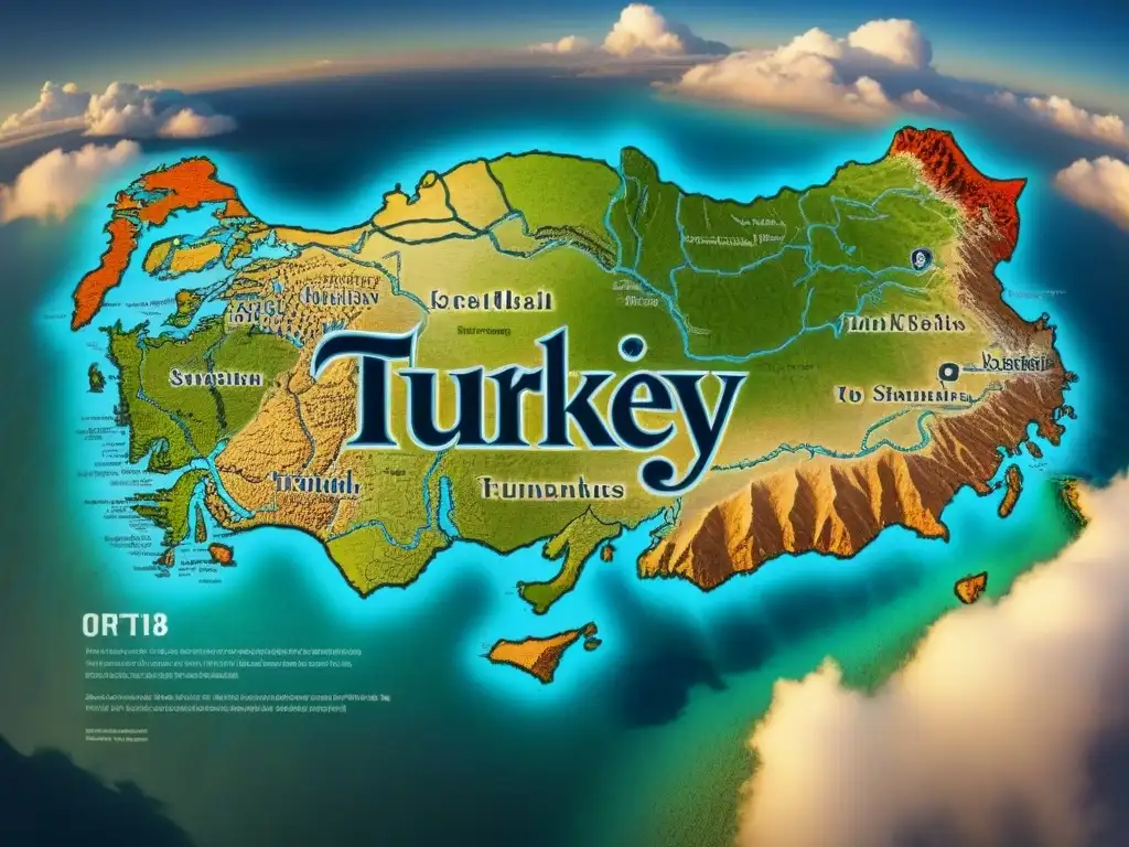 Mapa vintage de Turquía con evolución de apellidos Turcos a través de las eras, destacando historia y ciudades