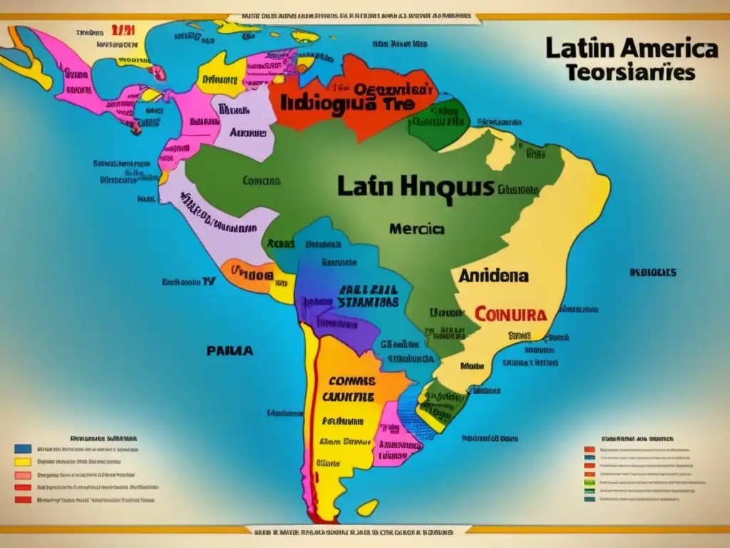 Mapa vintage de América Latina con árbol genealógico uniendo apellidos indígenas y latinos