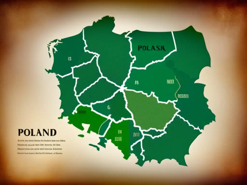 Mapa vintage de Polonia con árbol genealógico de apellidos polacos, representando historia y cultura