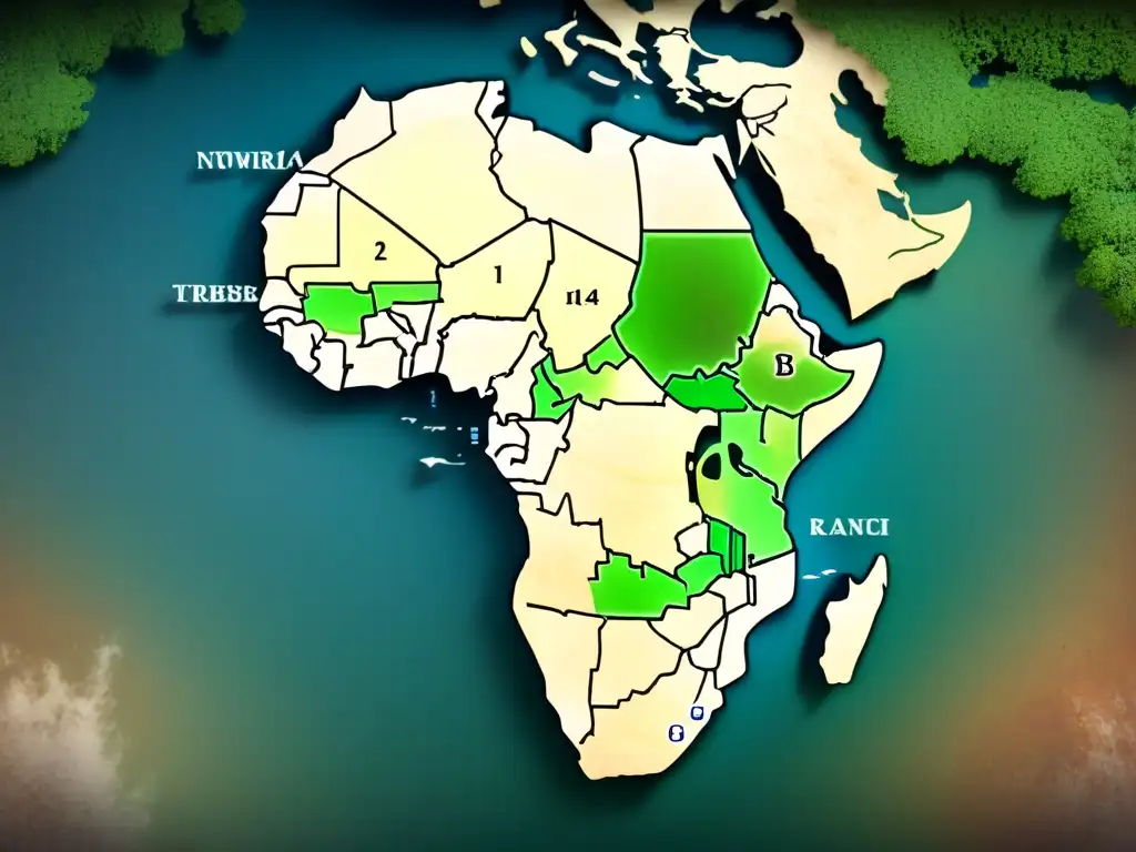 Mapa vintage de África con árboles genealógicos entrelazados, representando apellidos