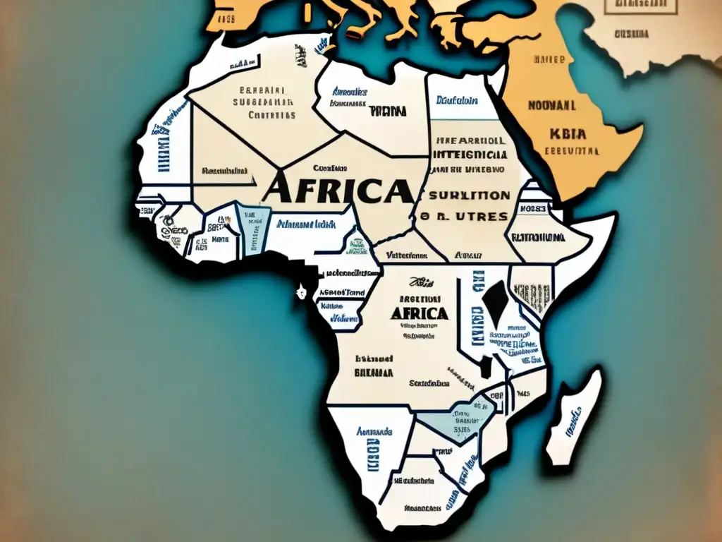 Mapa vintage de África con árboles genealógicos entrelazados, mostrando la evolución de apellidos en sociedades nómadas