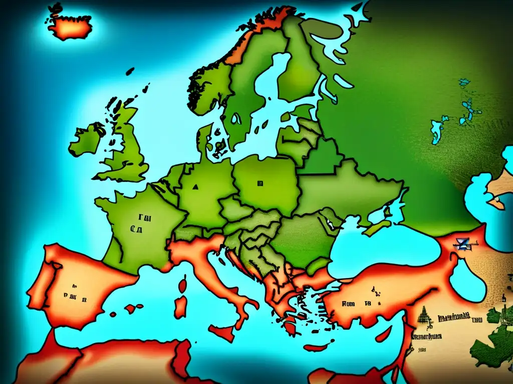 Mapa vintage de Europa con árboles genealógicos entrelazados, mostrando la genealogía por países raíces culturas